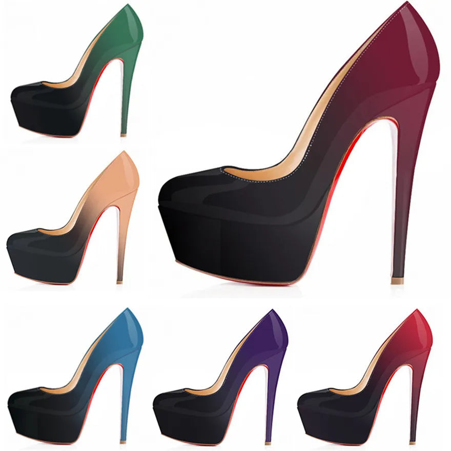 LOSLANDIFEN Escarpins 14CM Plateforme Peep Toe Gradient – Cuir Verni Rouge Mariage Fête