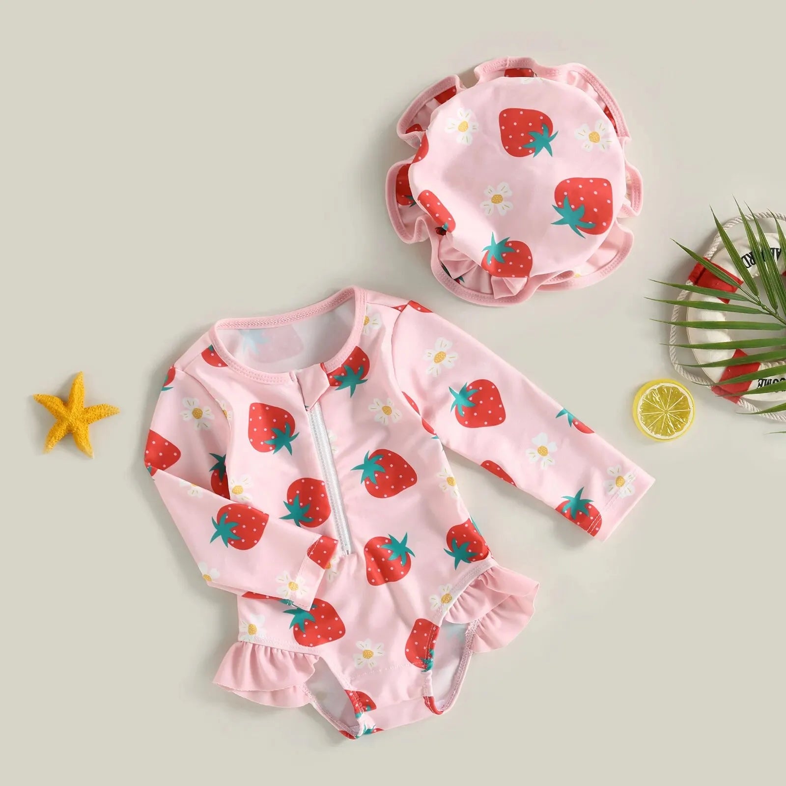 Maillot de Bain Bébé Fille Combinaison Zipper – Imprimé Flamant Rose Fleurs Manches Longues + Bandeau Été