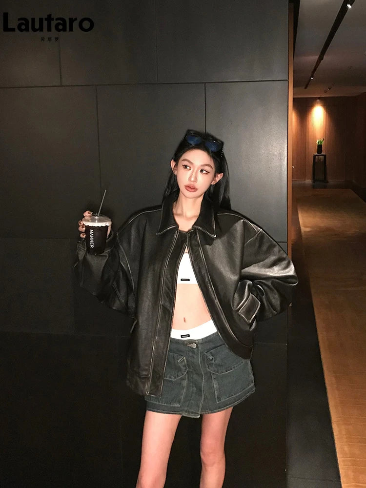 Veste Oversize Cuir Synthétique Distressed Femme – Style Vintage Retro Fermeture Éclair | Marron Noir Printemps Automne