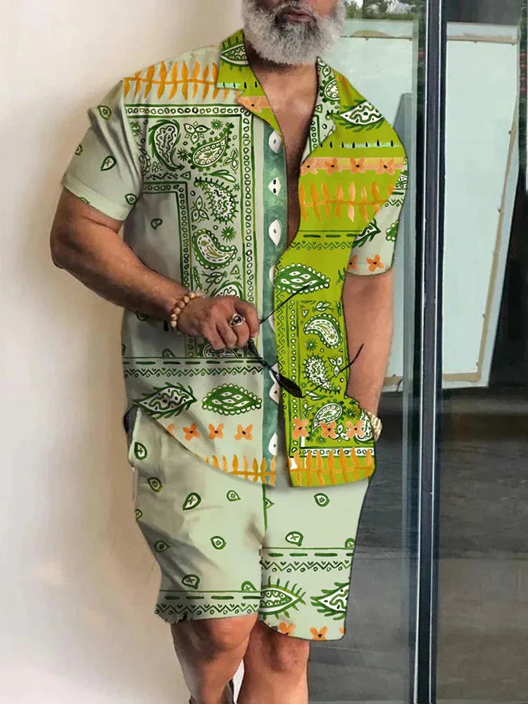 Ensemble 2 Pièces Homme Chemise Hawaïenne Manches Courtes + Short À Cordon Été Vacances Resort | Set Hawaii Premium