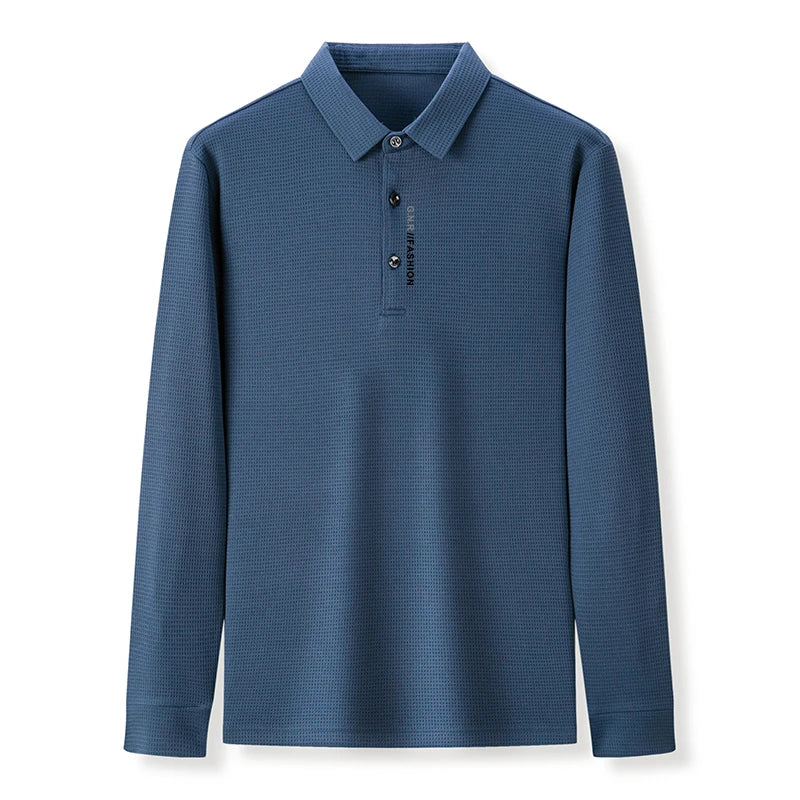 Polo Homme Manches Longues Texture Gaufrée Waffle Col Reversé Lettres Imprimées Casual Tendance – Top Polo Texturé Élégant Streetwear | Mode Homme Premium