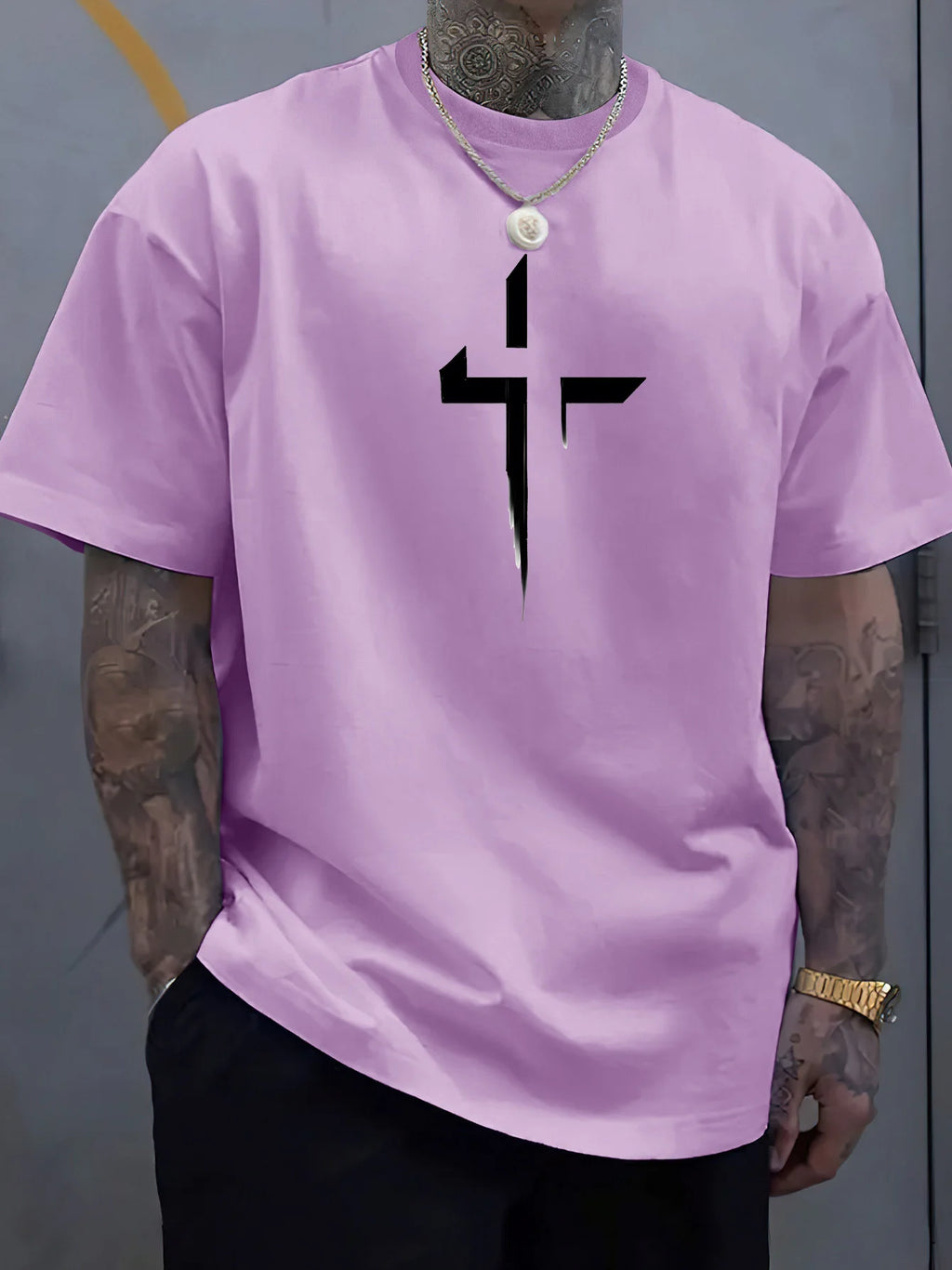 T-Shirt Homme 100% Coton Pur Imprimé Croix Créatif Loose Grande Taille Col Rond Manches Courtes Sport Casual Été Confortable | Mode Homme Tendance