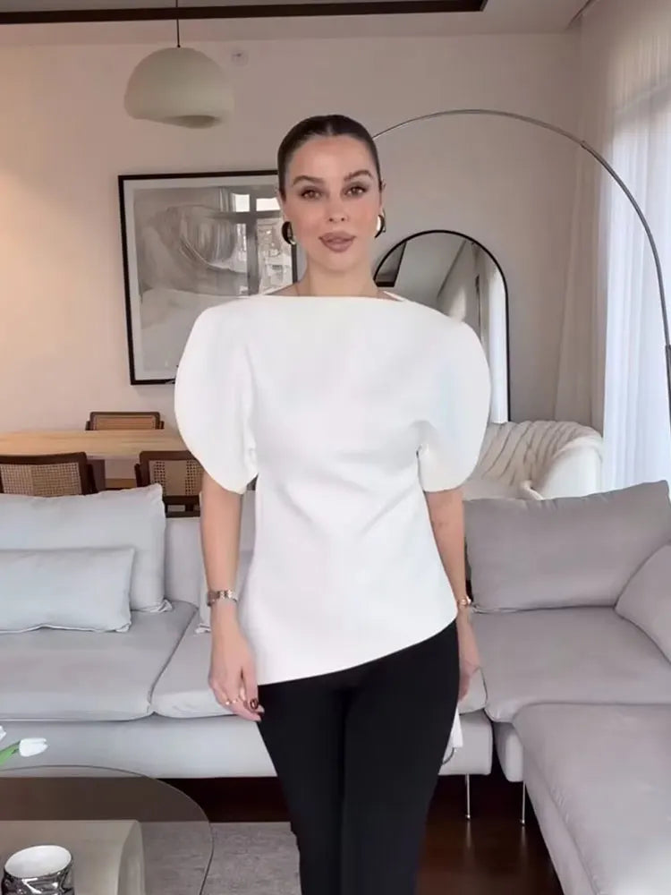 Blouse Noire Vintage Femme – Manches Bouffantes Courtes & Ourlet Asymétrique | Chic Tendance Printemps 2026