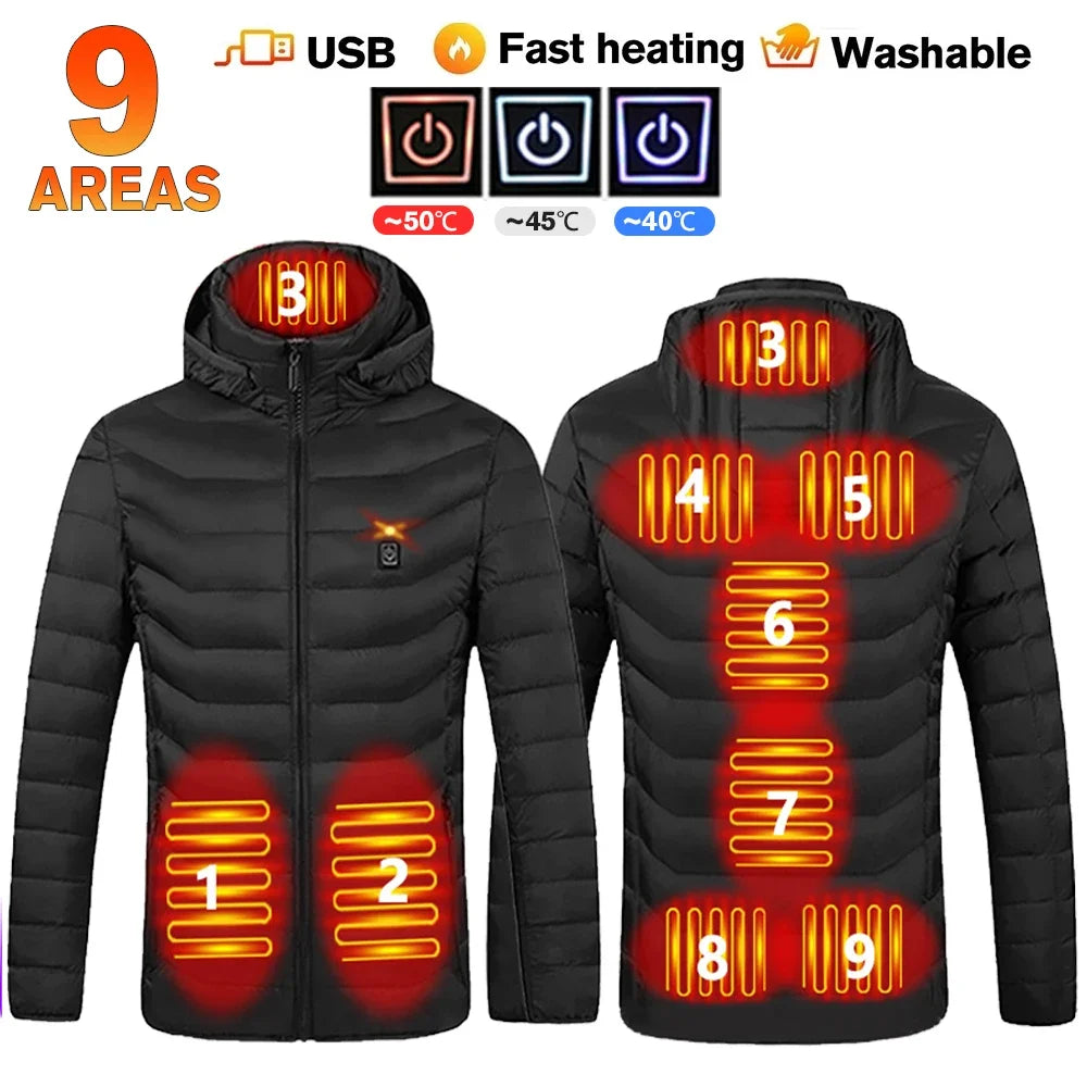 Beheizbare Herrenjacke Winter USB Elektrisch 21 Heizzonen – Selbstbeheizter Mantel Skifahren Schnee Outdoor Steppweste | Herren Premium Tech Mode