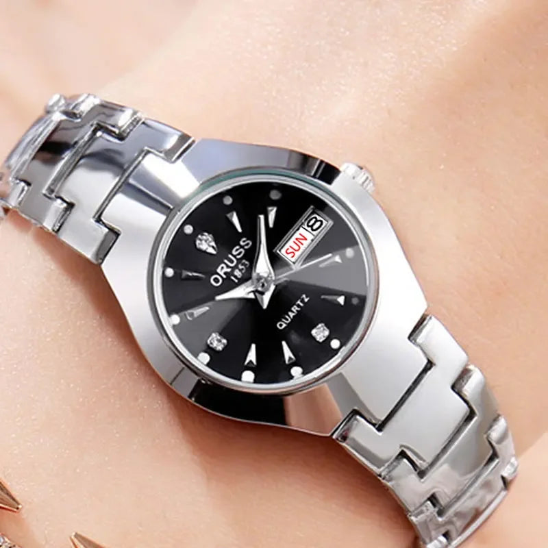 ORUSS Damen Armbanduhr Business Casual Luxus Edelstahl Quarz Datum Tag Wasserdicht 30M – Elegant Fashion