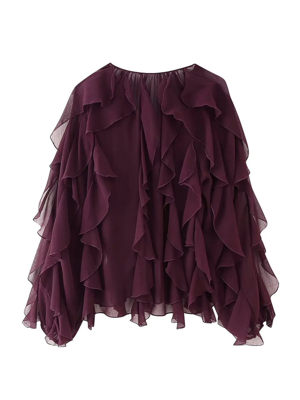 Blouse À Volants Semi-Transparente Femme Col V – Manches Longues Boutons | Style Sensuel Automne Bordeaux