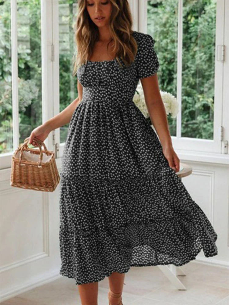 Vintage Maxikleid mit Blumenmuster – Carmen-Ausschnitt & Puffärmel | Maxi Strandkleid Casual