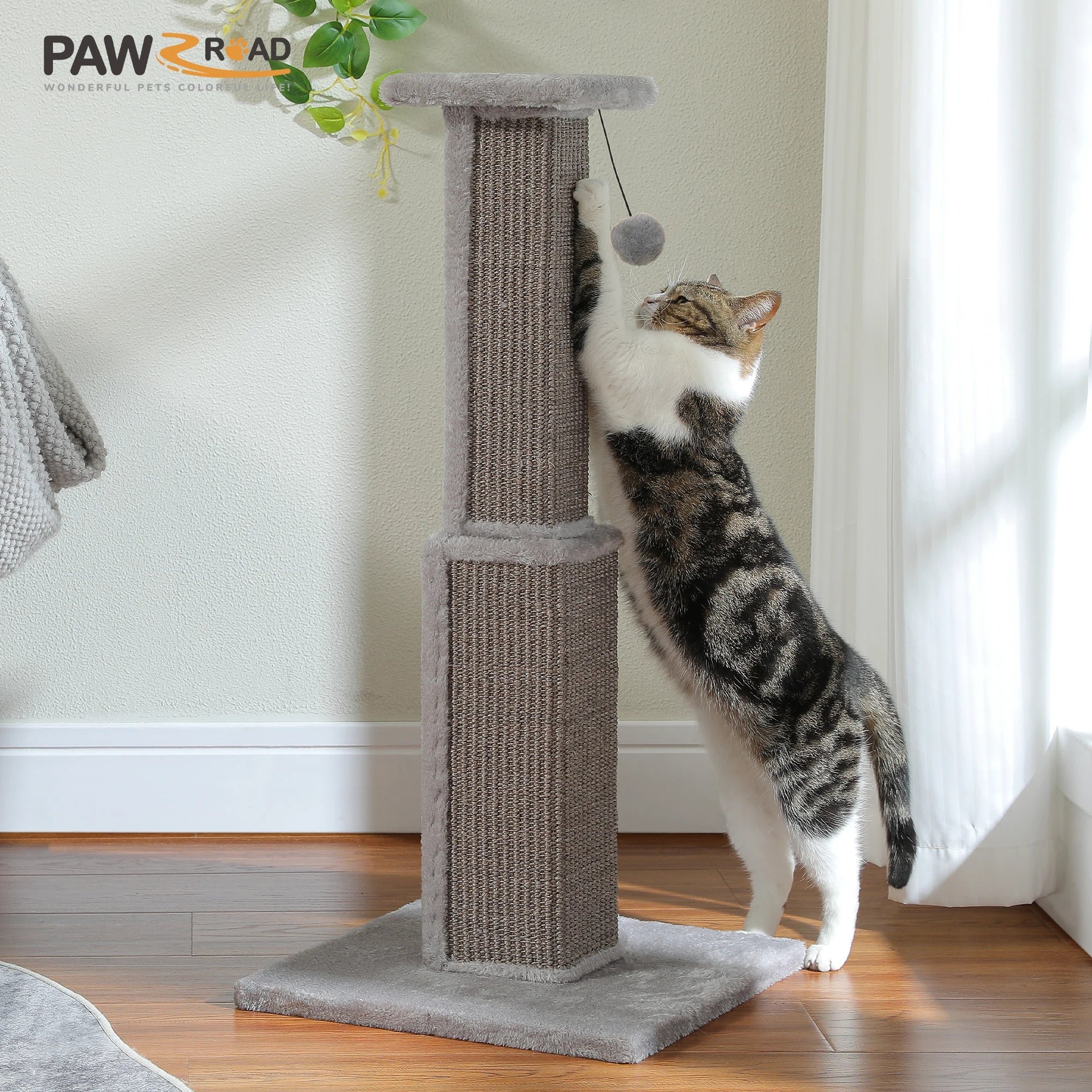 Grand Griffoir Chat Sisal Tressé – Balle Suspendue, Haute Colonne, Jouet & Grattoir pour Chats d'Intérieur Adultes