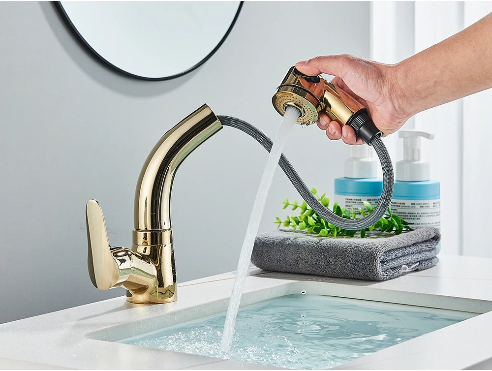 POIQIHY Robinet Lavabo Extractible Noir – Mitigeur Chaud Froid, Rotation 360°, Bec Relevable | Chrome & Noir Salle de Bain