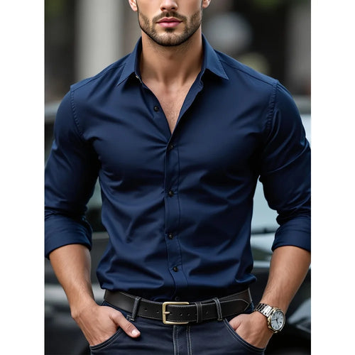 Chemise Homme Manches Longues Tissu Élastique Couleur Unie Multi-Couleurs Qualité Premium Basique Intemporelle Confortable Élégante Polyvalente – Chemise Premium Manches Longues Élastique Couleur Unie Multi-Couleurs | Mode Homme Chemise Premium