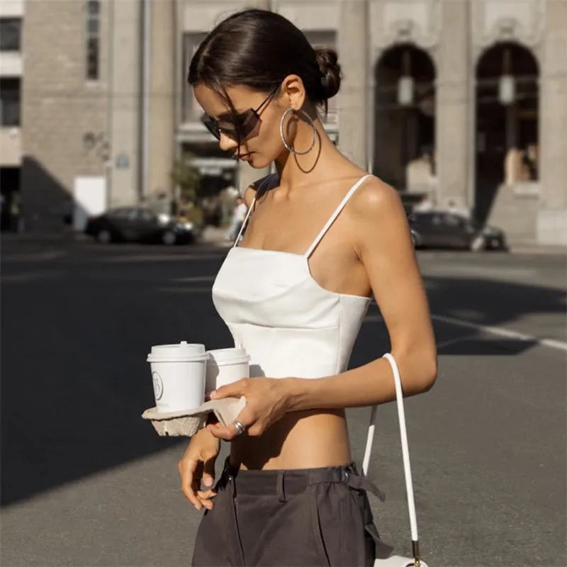 Crop Top Bretelles Fines Bandage Dos Nu & Lacets - Sexy Skinny Streetwear Soirée Femme Été