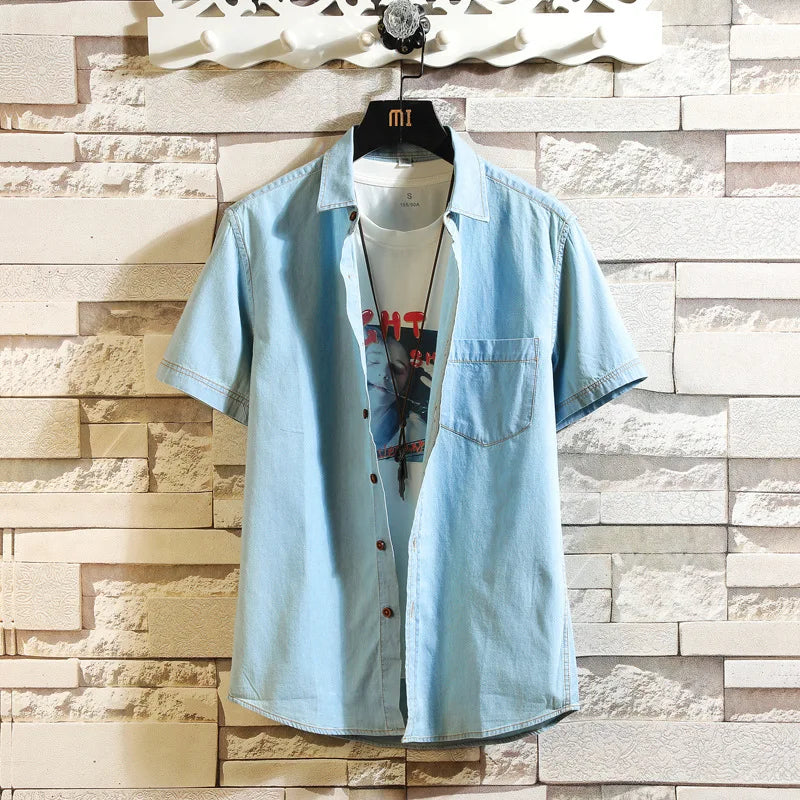 Chemise Jean Bleu Homme Manches Courtes 2023 – Coton Qualité Premium Été Plus Size M-4XL
