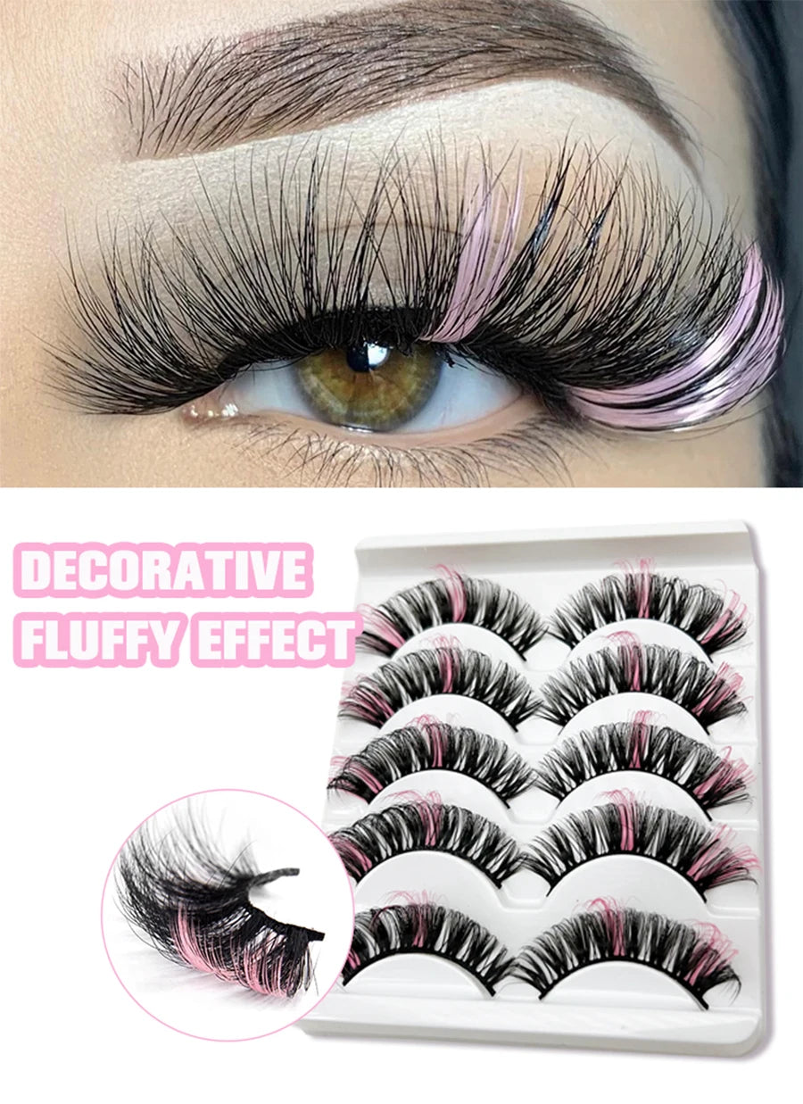 Faux Cils 3D Mink Colorés – Lot 5 Paires Fluffy | Rose, Bleu, Rouge | Maquillage Festif