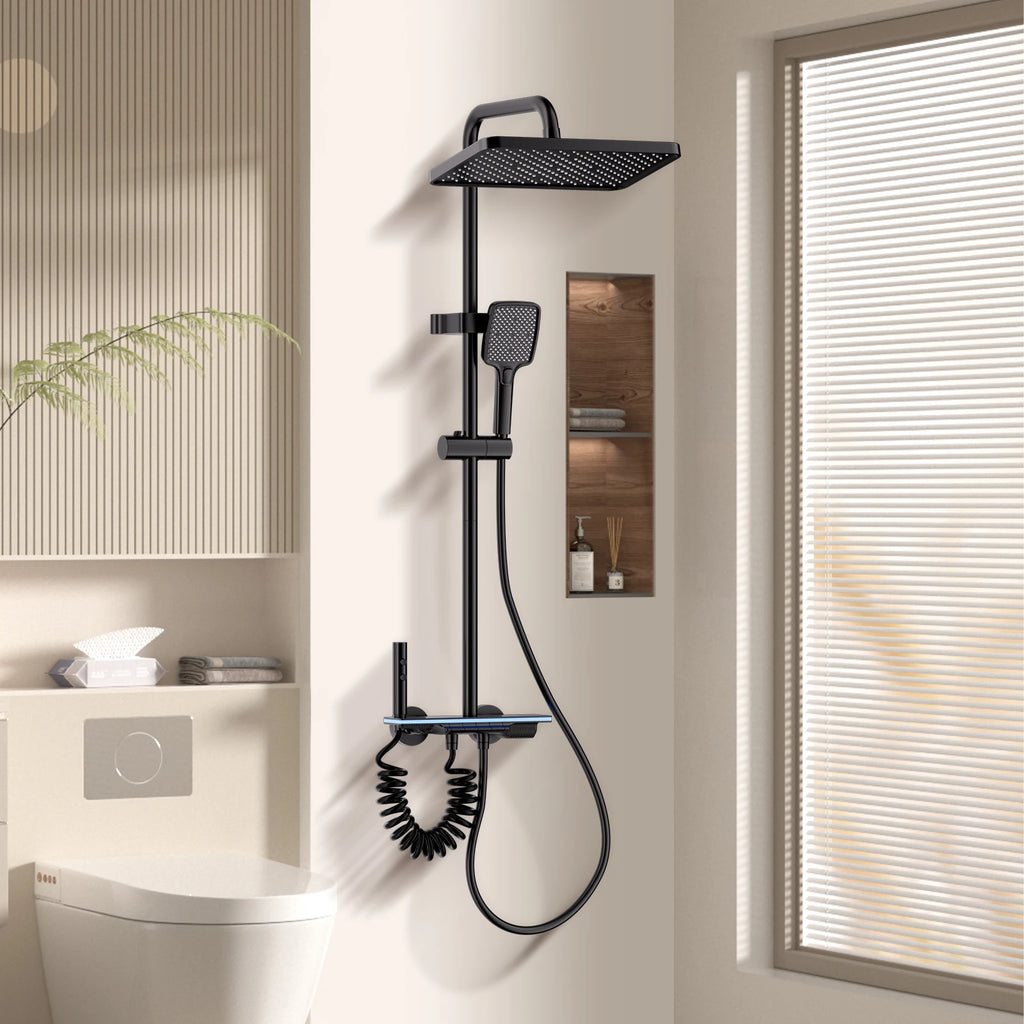 Système Douche Smart LED Digital – Affichage Température, Mitigeur Cuivre, Panneau Verre Trempé & Pommeau Pluie | Luxe Salle de Bain