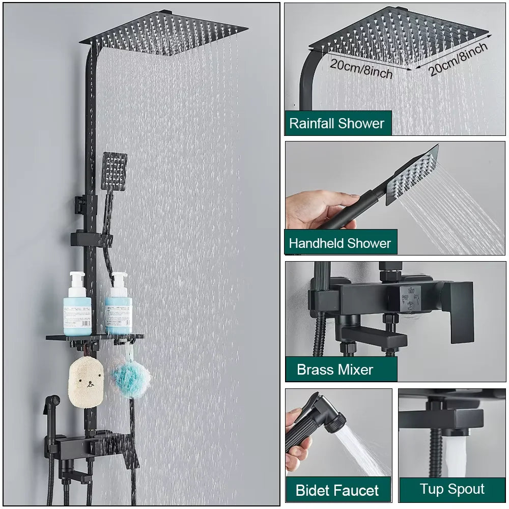 Shinesia Système Douche Pluie Mural – Noir & Chrome, 3 ou 4 Voies, Mitigeur Eau Chaude & Froide | Salle de Bain