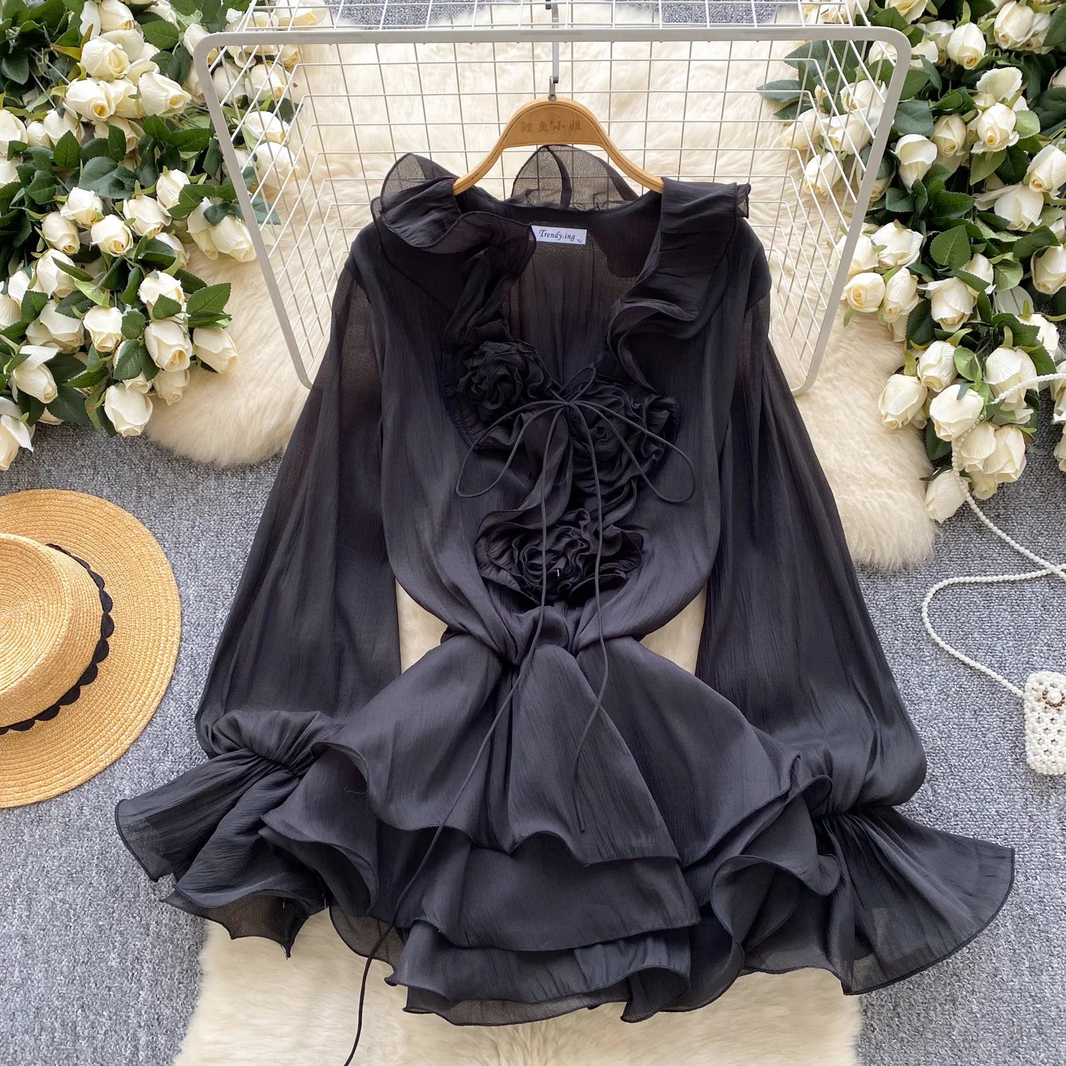 Robe Courte Femme Fleurs 3D Manches Longues Laçage Volants Mousseline – Vintage Bohème Sexy | Plage Été