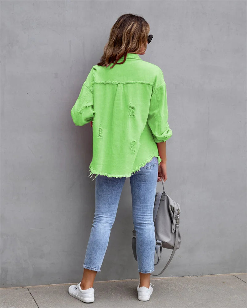 Veste en Jean Femme Bords Bruts Troués – Style Chemise Casual | Printemps Automne Tendance 2025