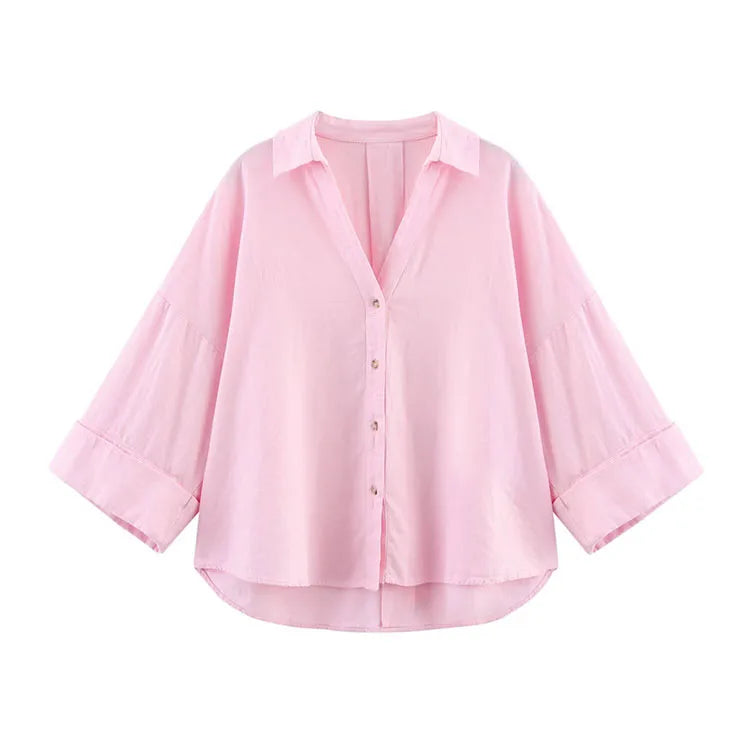 Chemise Femme Manches Larges Col Johnny – Ourlet Asymétrique & Boutons | Style Casual Chic Printemps