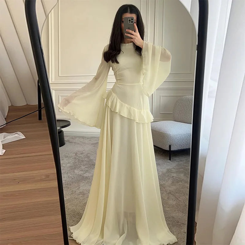 Robe Maxi Femme Chiffon Unie Volants Manches Papillon Col Rond – Élégante Soirée & Gala | 2025