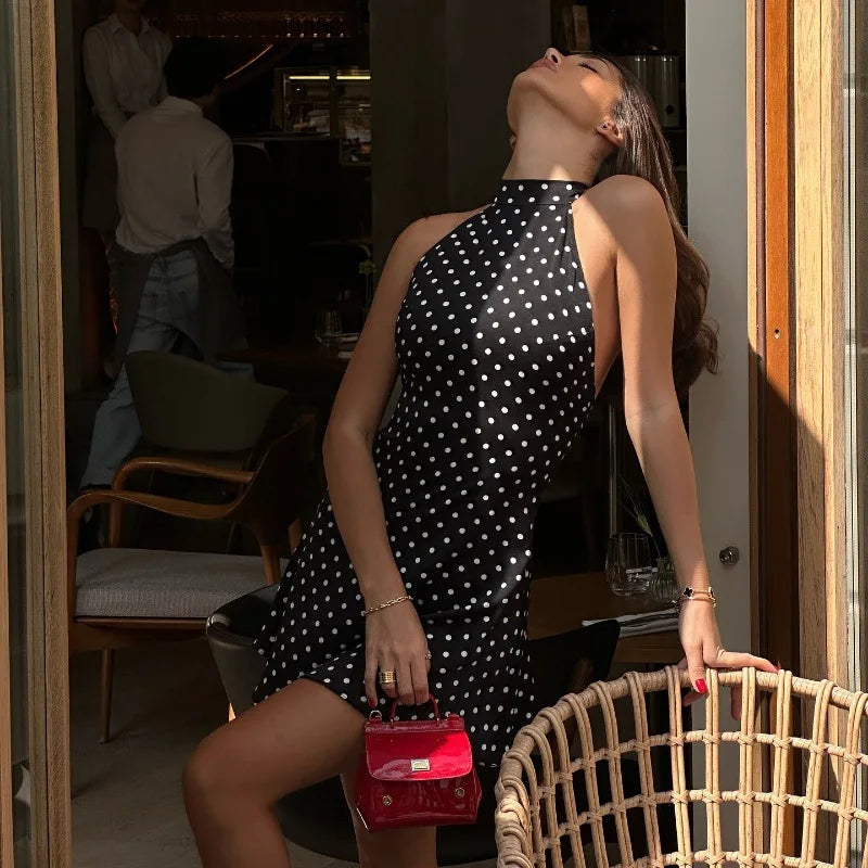 Mini Robe Femme Pois Élégante Épaules Dénudées Dos Nu Taille Haute Halter – Y2K Club & Soirée | Été
