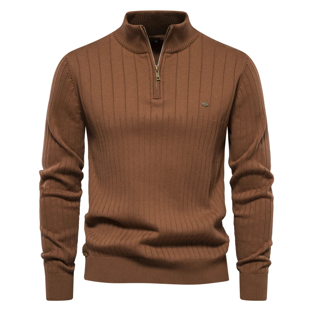 Herren-Pullover mit Reißverschluss Stehkragen Baumwollstrick – Warmer Premium-Pullover Herbst Winter