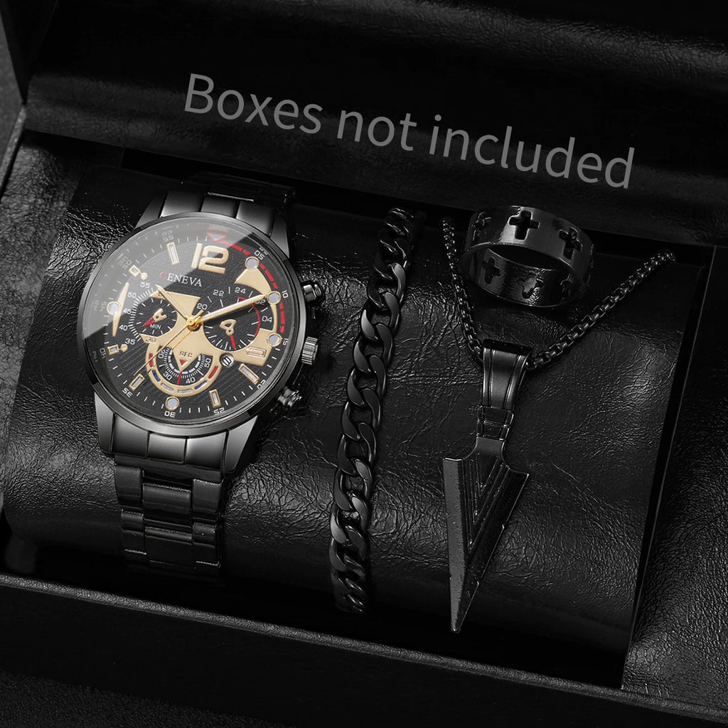 4PCS/Set Fashion Men Business Watches Casual Quartz Watch With Calendar Jewelry Set for Mens Clock Reloj Hombre（Without Box）