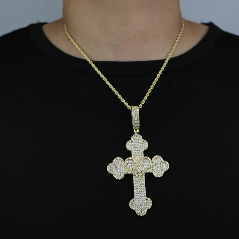 Collier Pendentif Hip Hop Bling 5A CZ Pavé Croix & Cœur Glacé – Chaîne Cuban Link, Tennis & Corde | Bijou Homme Rapper Streetwear Premium
