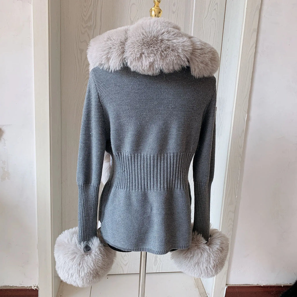 Damen Cardigan Strick Kragen Kunstpelz Fuchs Elegant – Chic & Luxuriöser Pullover Mantel | Frühling Herbst