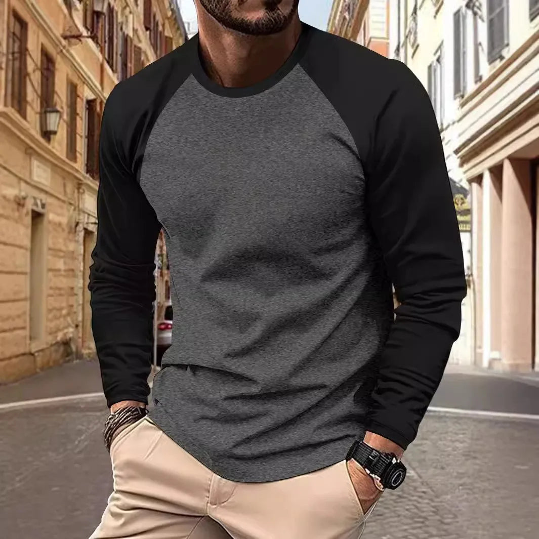 T-Shirt Homme Manches Longues Col Rond Patchwork Bicolore Raglan Casual – Tendance Printemps Automne Confortable | Mode Homme Streetwear