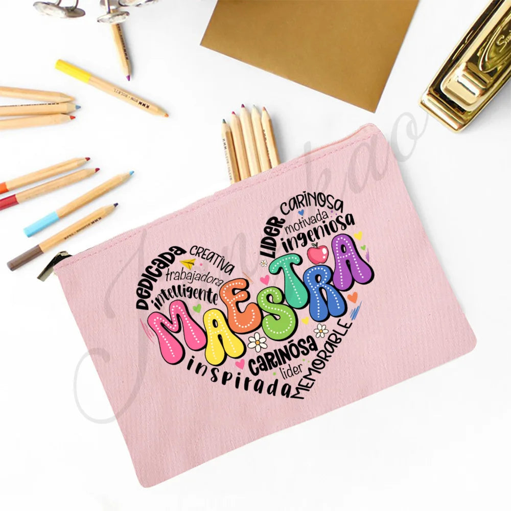 Trousse Maquillage Maestra Imprimé Coeur Espagnol – Organisateur Voyage & Crayon | Cadeau Enseignante