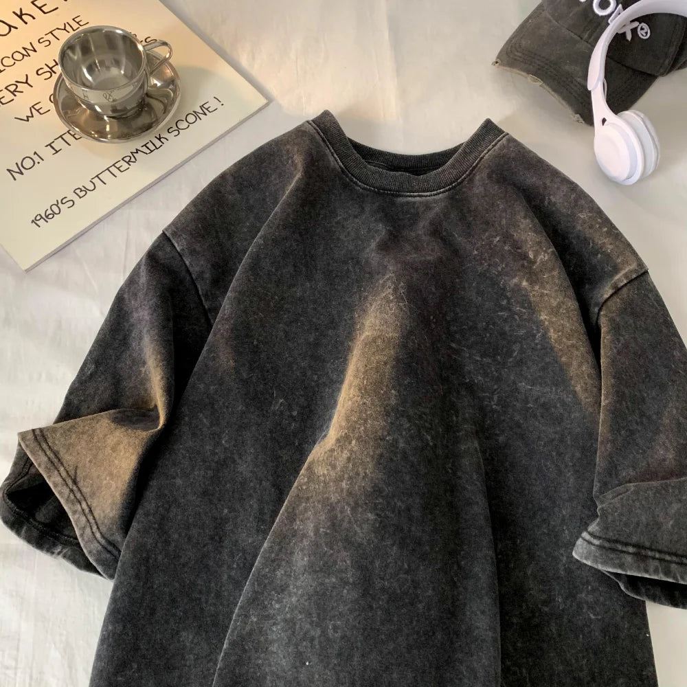 T-Shirt Unisexe Coton 230g Rétro Drop-Shoulder Vintage Couleur Unie Hip-Hop Loose Manches Courtes Confortable Épais Intemporel – T-Shirt Rétro Premium Coton 230g Drop-Shoulder Vintage Hip-Hop Loose | Mode Unisexe Rétro Vintage Premium
