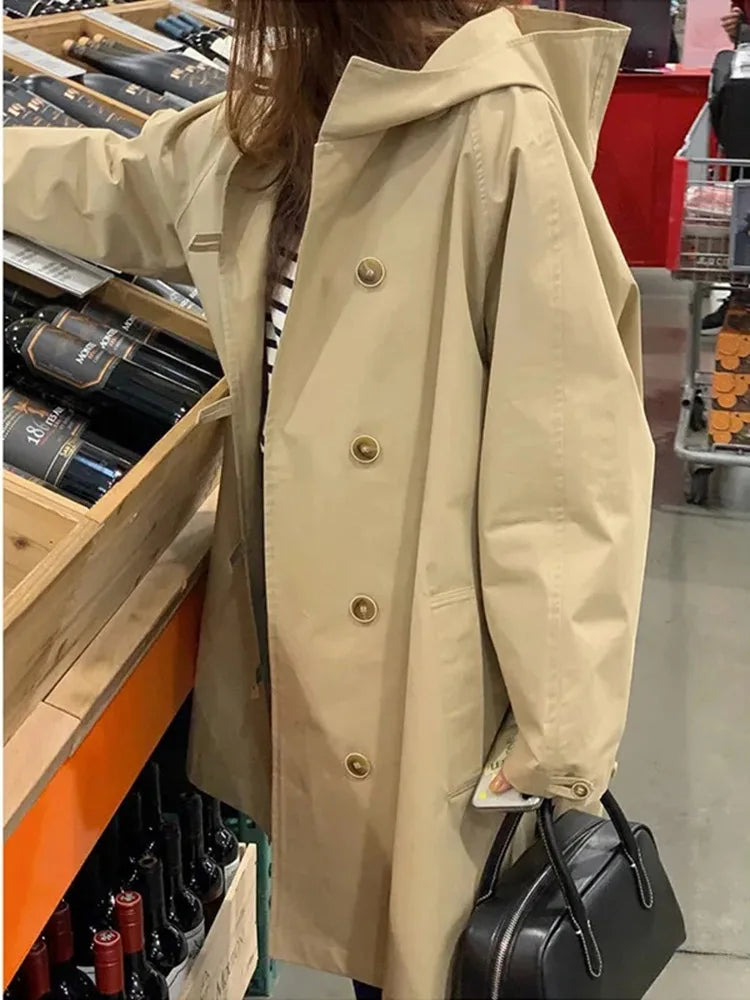 Coupe-Vent Femme À Capuche Loose Doublé Manches Longues – Veste Trench Casual Chic Printemps Automne | Mode Tendance