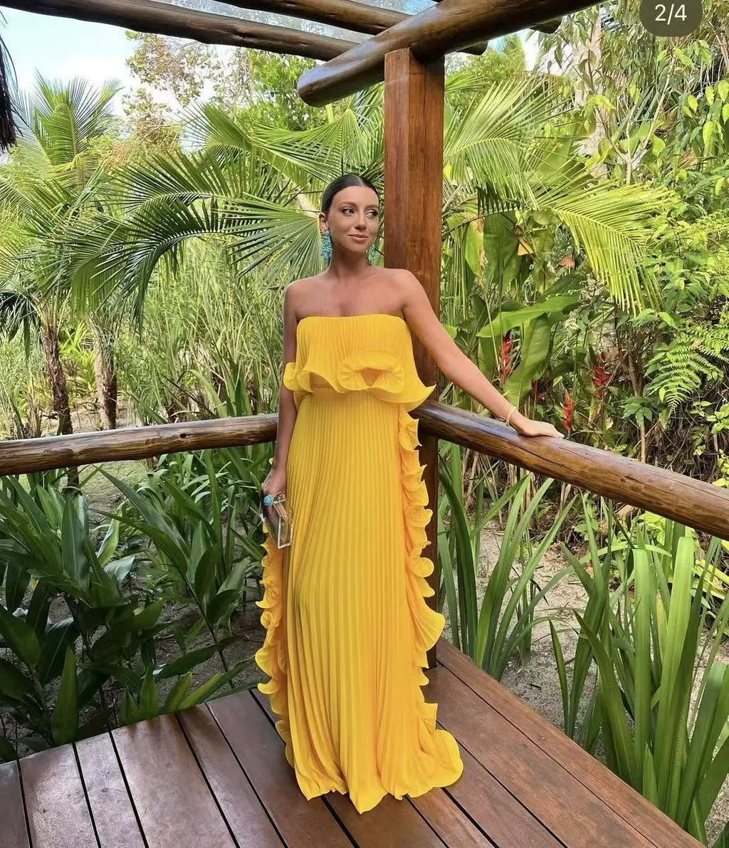 Robe Longue Femme Orange Chiffon Plissée Volants Sans Bretelles – Élégante Plage & Soirée | Été