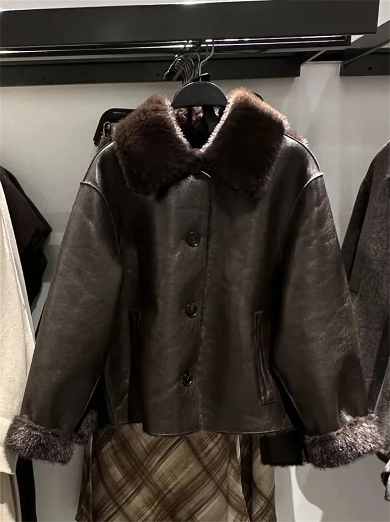Veste Femme Cuir Synthétique Réversible Marron 2025 – Manches Longues Automne Hiver Unique
