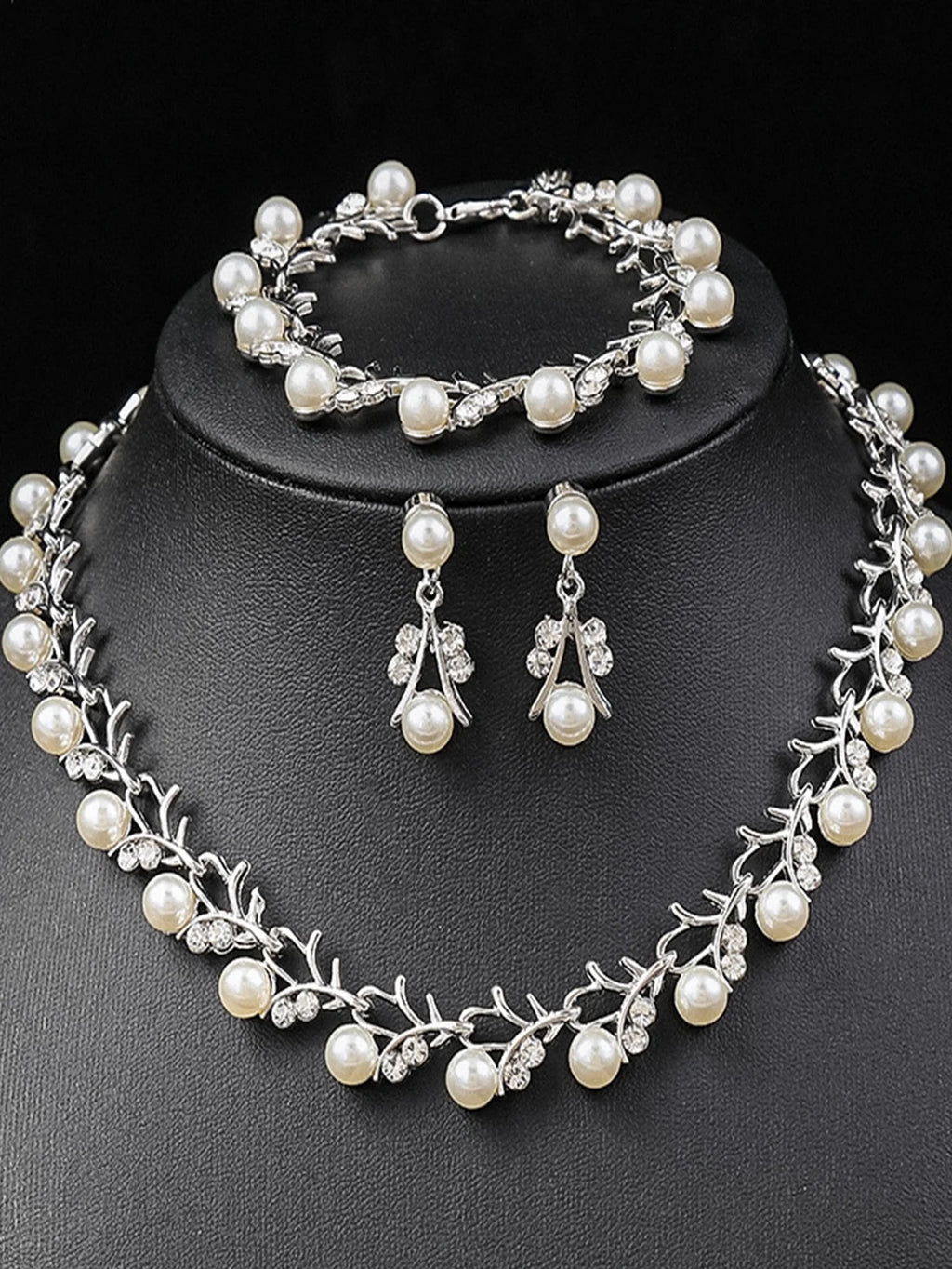 4-teiliges Brautschmuck-Set Perlen Strass – Halskette Ohrringe Armband Braut