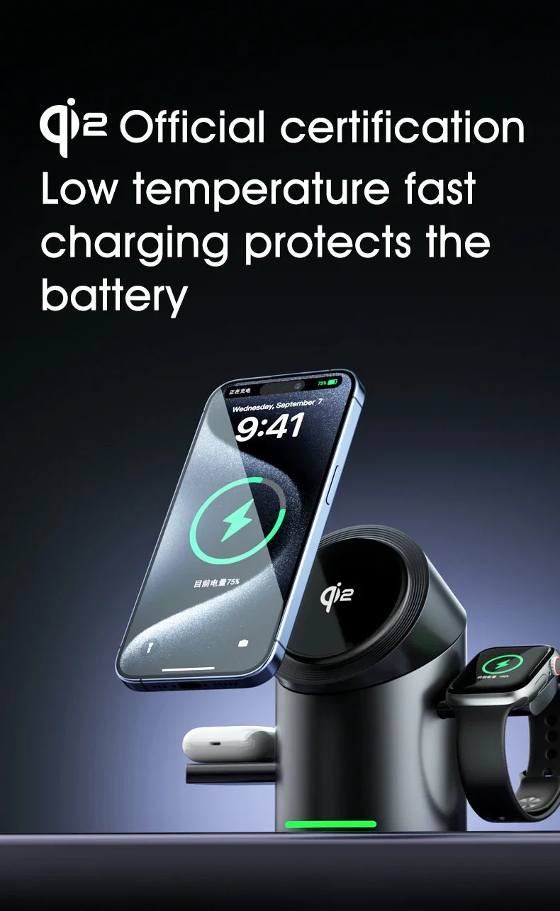 Chargeur Qi2 3-en-1 Multifonction Tactile Rotatif – iPhone 16 15 14 Pro Max iWatch Écouteurs