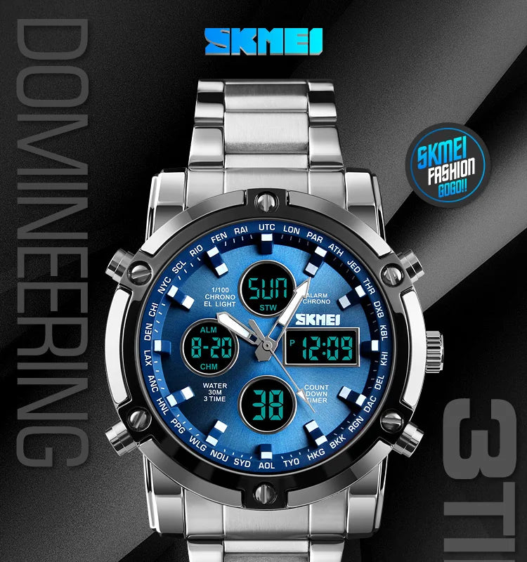 Montre Homme SKMEI Luxe Bracelet Acier 3 Fuseaux Horaires LED Sport Alarme Analogique Digitale Chronomètre | Montre SKMEI Multifonction Sport Luxe Premium