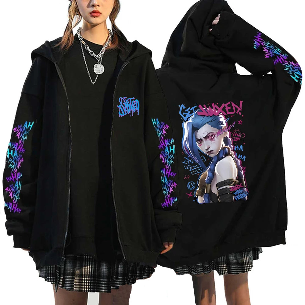 Kapuzenpullover Zip Arcane Jinx Harajuku Anime Graffiti – Streetwear Gothic Unisex Gamer