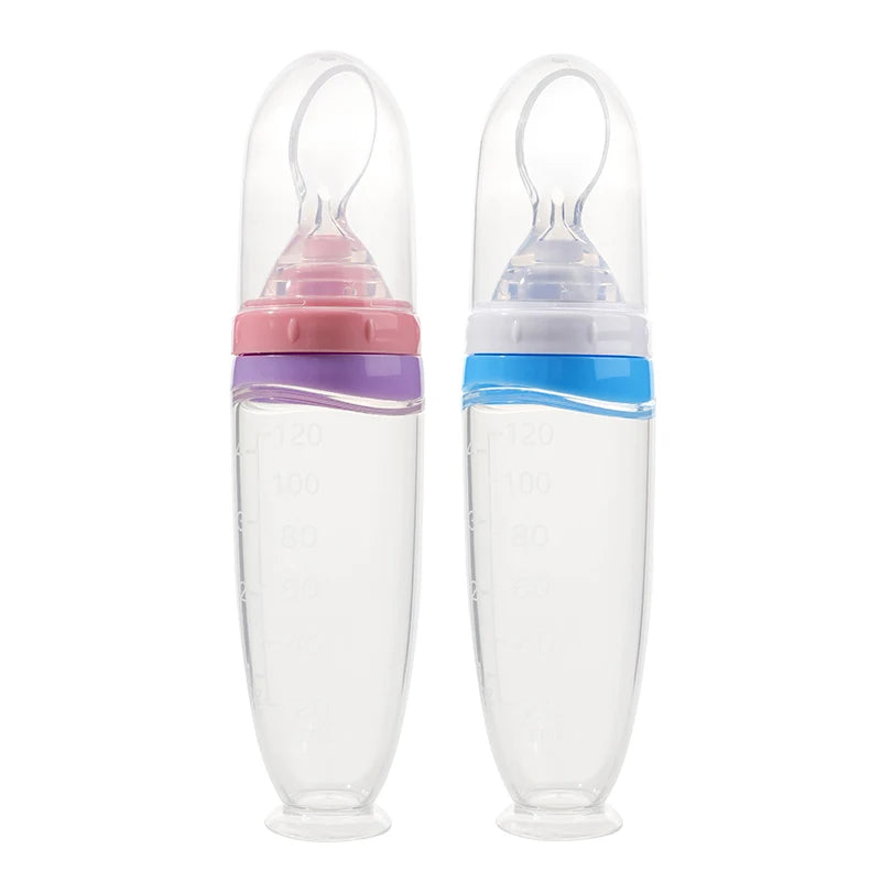 Biberon Pressable Silicone Bébé 120ml – Distributeur Purée Fruits Bouillie Cuillère Détachable
