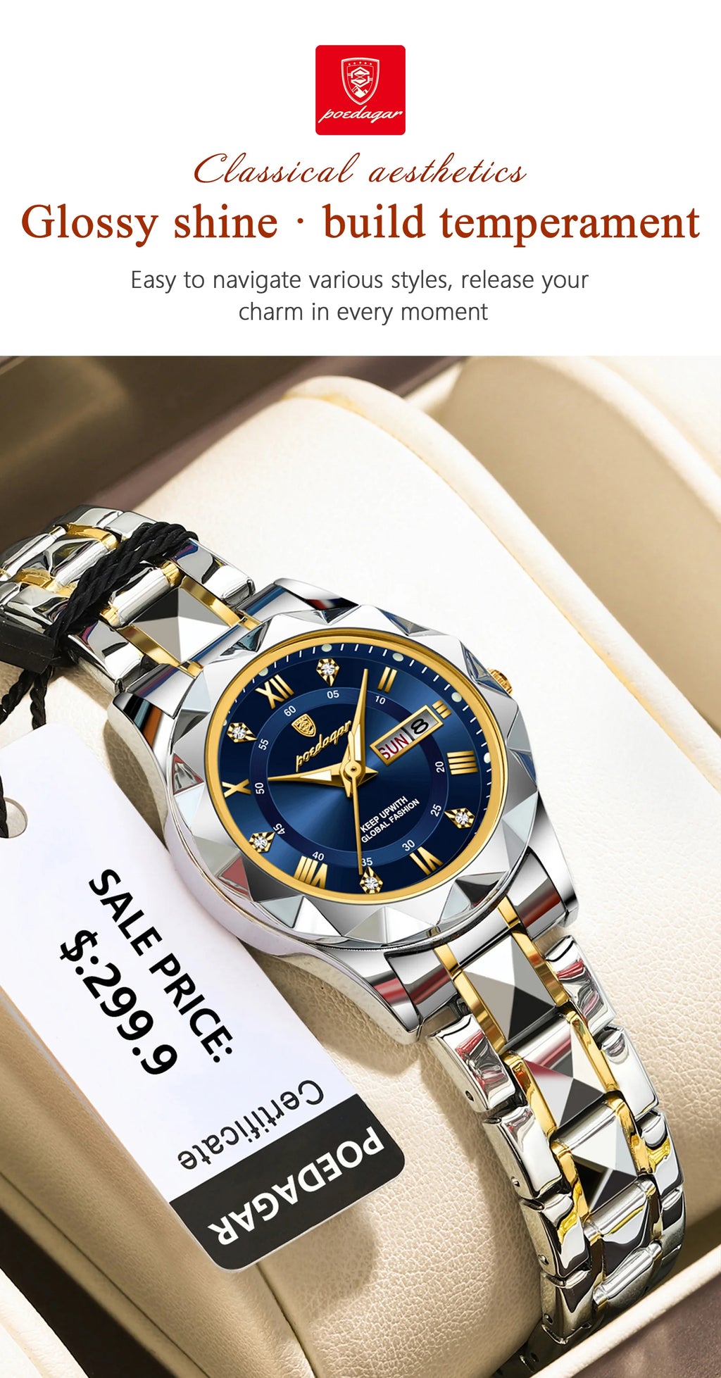 Montre Femme POEDAGAR Élégante Luxe Quartz – Lumineuse Étanche Semaine Date Acier Fashion