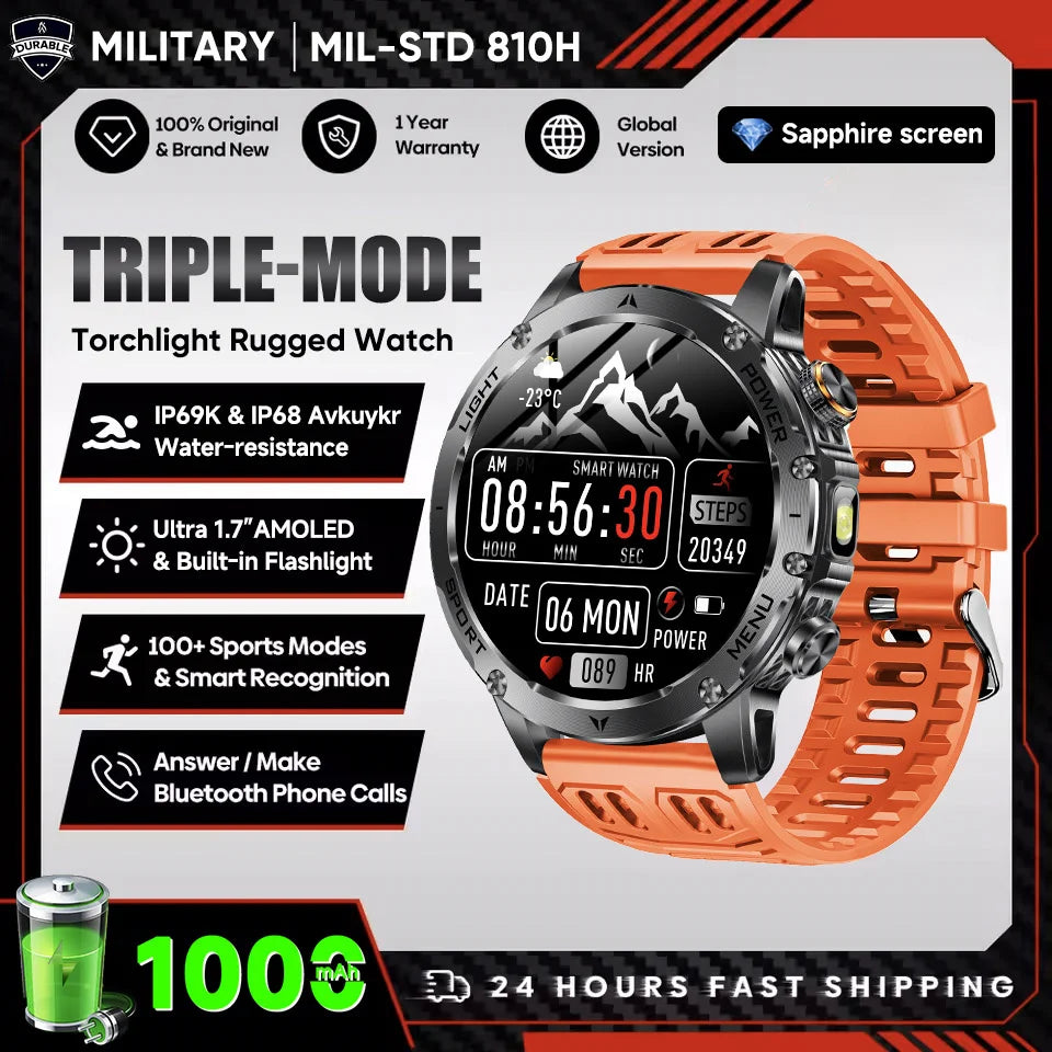 Smartwatch Militaire Homme GPS NFC 3ATM – Montre Connectée Bluetooth 1.7" HD 1000mAh Étanche