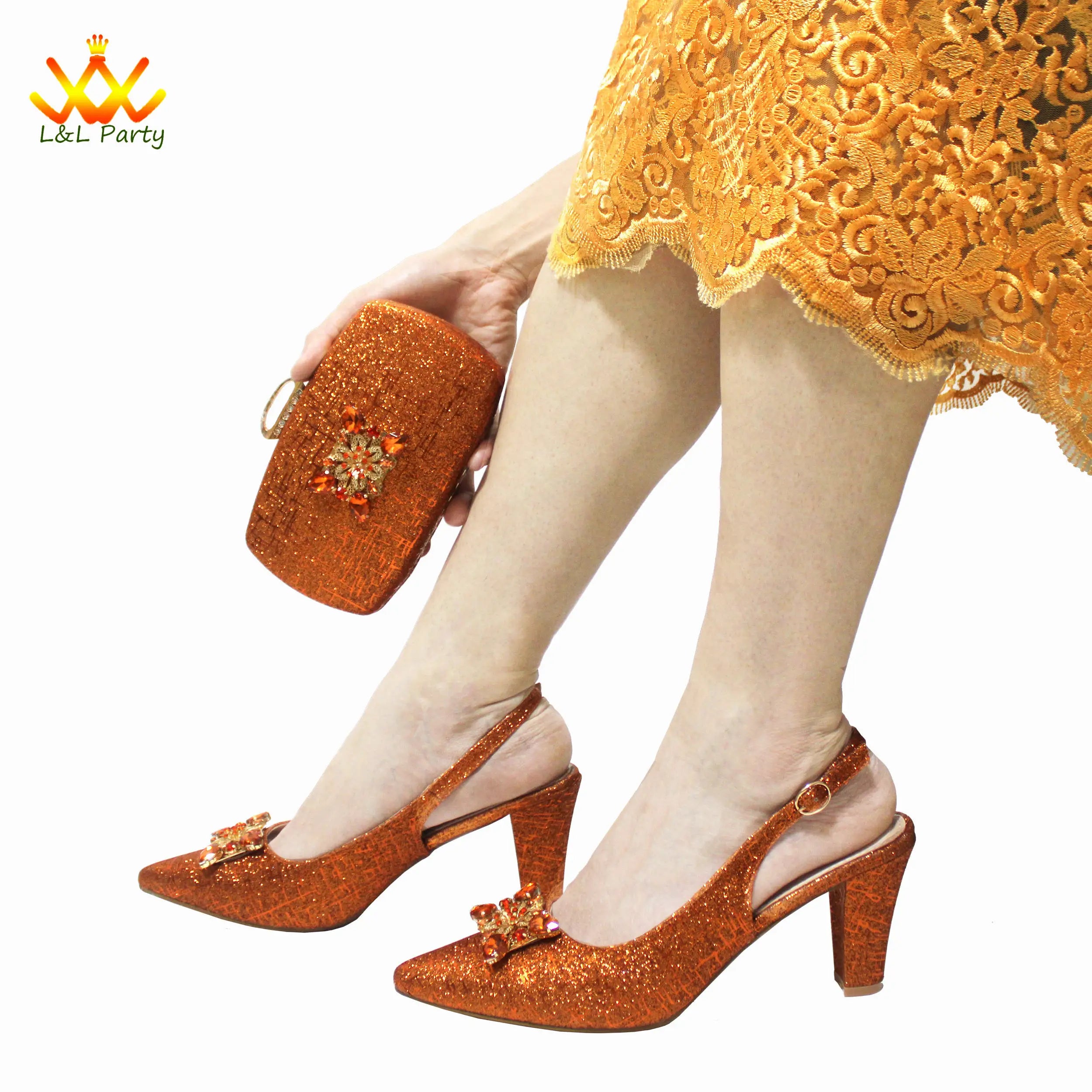 Ensemble Chaussures + Sac Italien Orange Cristal – Pumps Luxe Mariage Fête 2024
