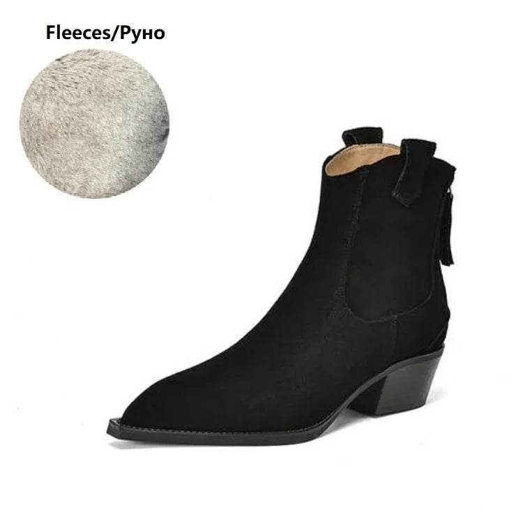 Bottes Suède Vache Chunky Heel Western Femme – Bout Pointu Noir Zip Concis Automne