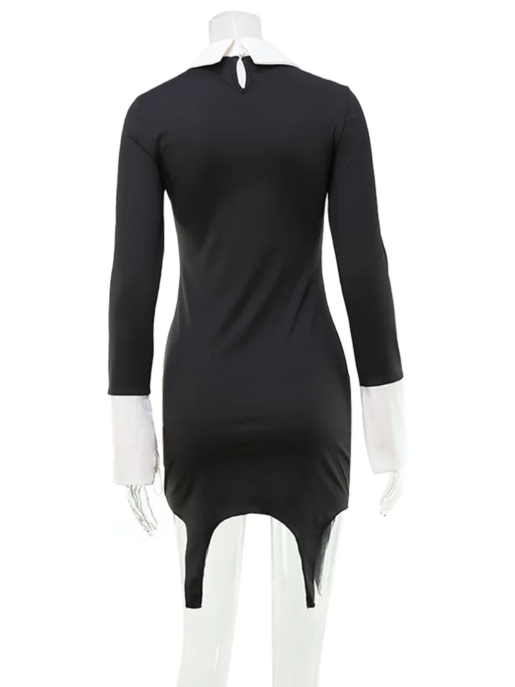 Robe Femme Fourreau Bodycon Manches Longues Col Revers Bicolore Sexy – Tenue Club Élégante | CNYISHE