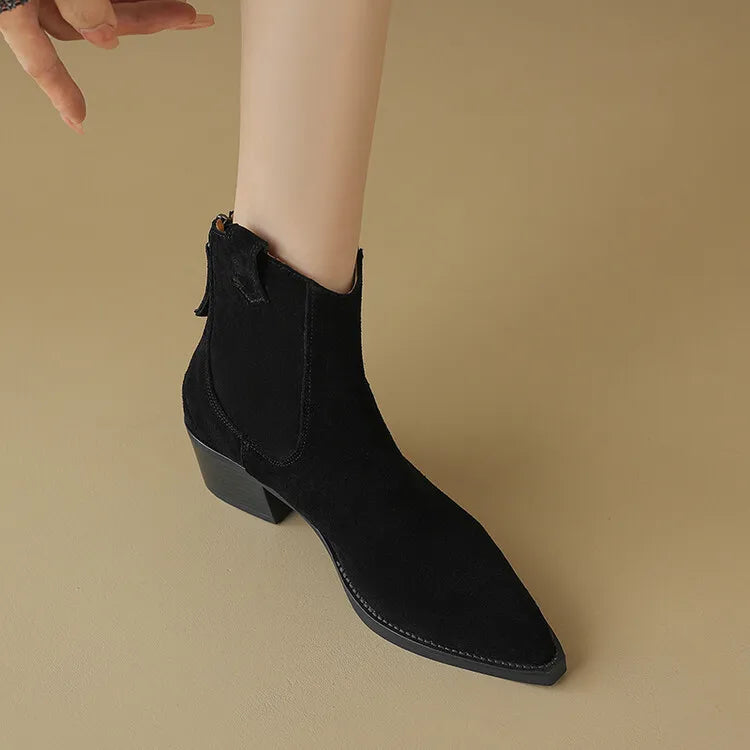 Bottes Suède Vache Chunky Heel Western Femme – Bout Pointu Noir Zip Concis Automne