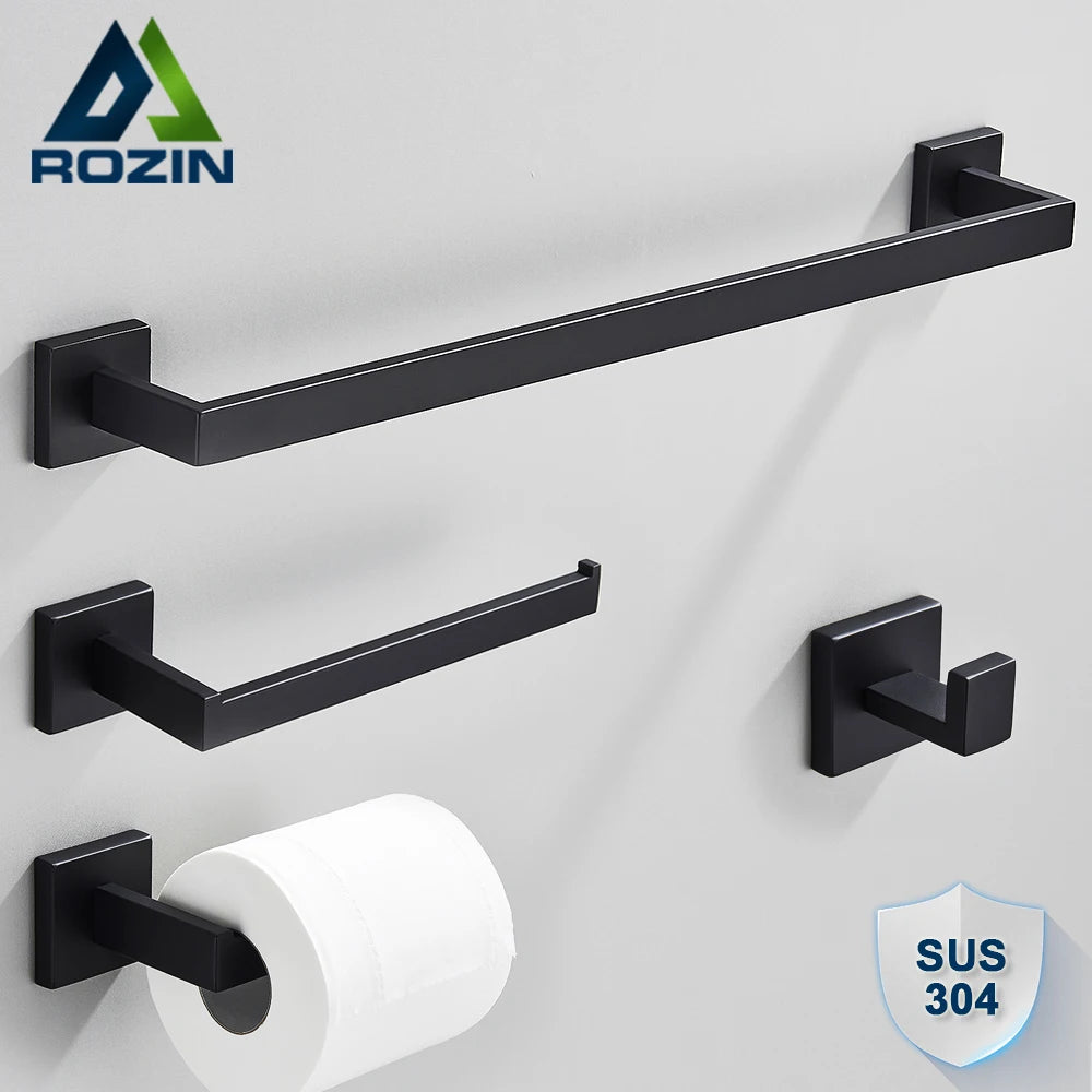 Set Accessoires Salle de Bain Inox – Porte-Serviettes, Porte-Papier & Crochet | Noir & Or Mural
