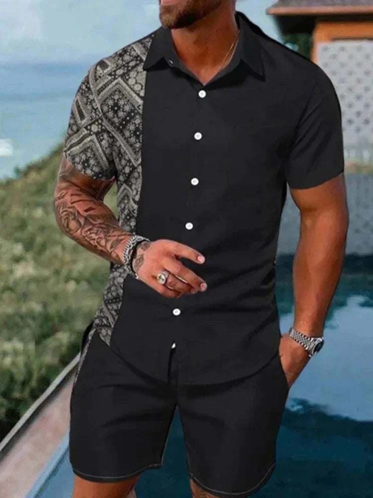 Ensemble 2 Pièces Homme Chemise Hawaïenne Manches Courtes + Short À Cordon Été Vacances Resort | Set Hawaii Premium