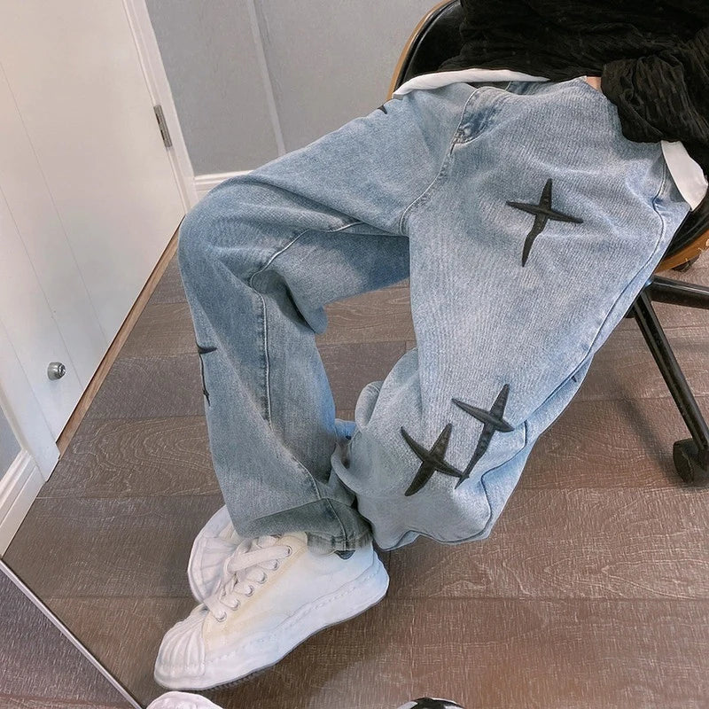 Jean Homme Imprimé Baggy Wide Leg Style Coréen K-Fashion Streetwear Cargo Droit Casual Loose Denim Tendance Urbain – Jean Baggy Premium K-Fashion | Mode Homme Streetwear K-Fashion Premium