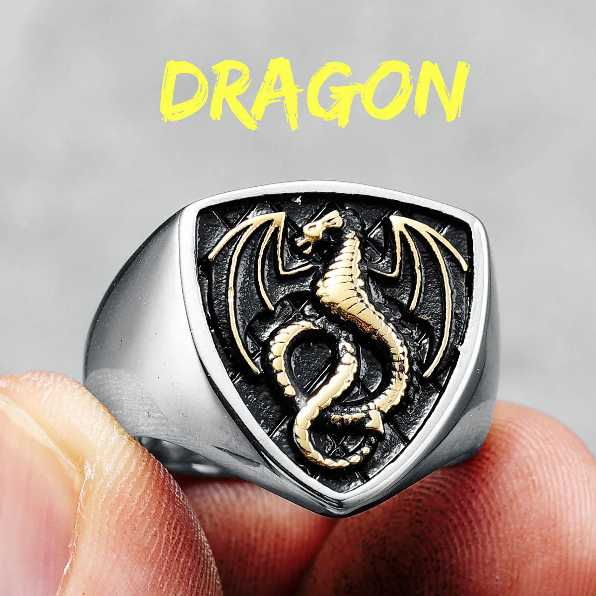 Bague Dragon Bouclier Acier 316L Homme — Style Rock Punk Viking Biker Retro