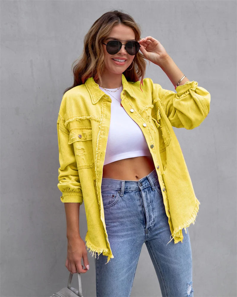 Veste en Jean Femme Bords Bruts Troués – Style Chemise Casual | Printemps Automne Tendance 2025